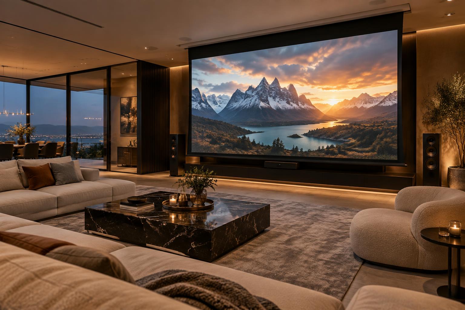 cine en casa con pantalla grande y sillones reclinables – Imagen que envuelve