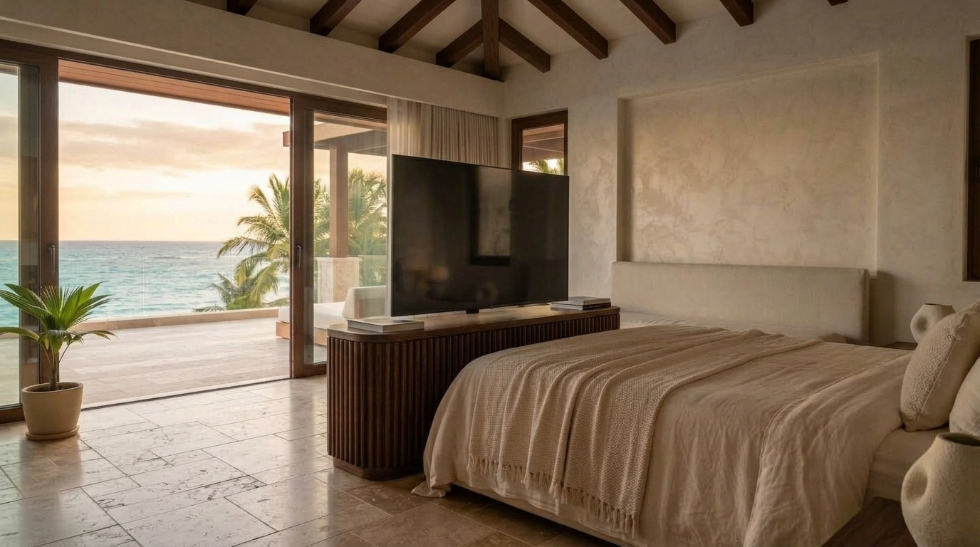 dormitorio con televisión integrada y vista al mar
