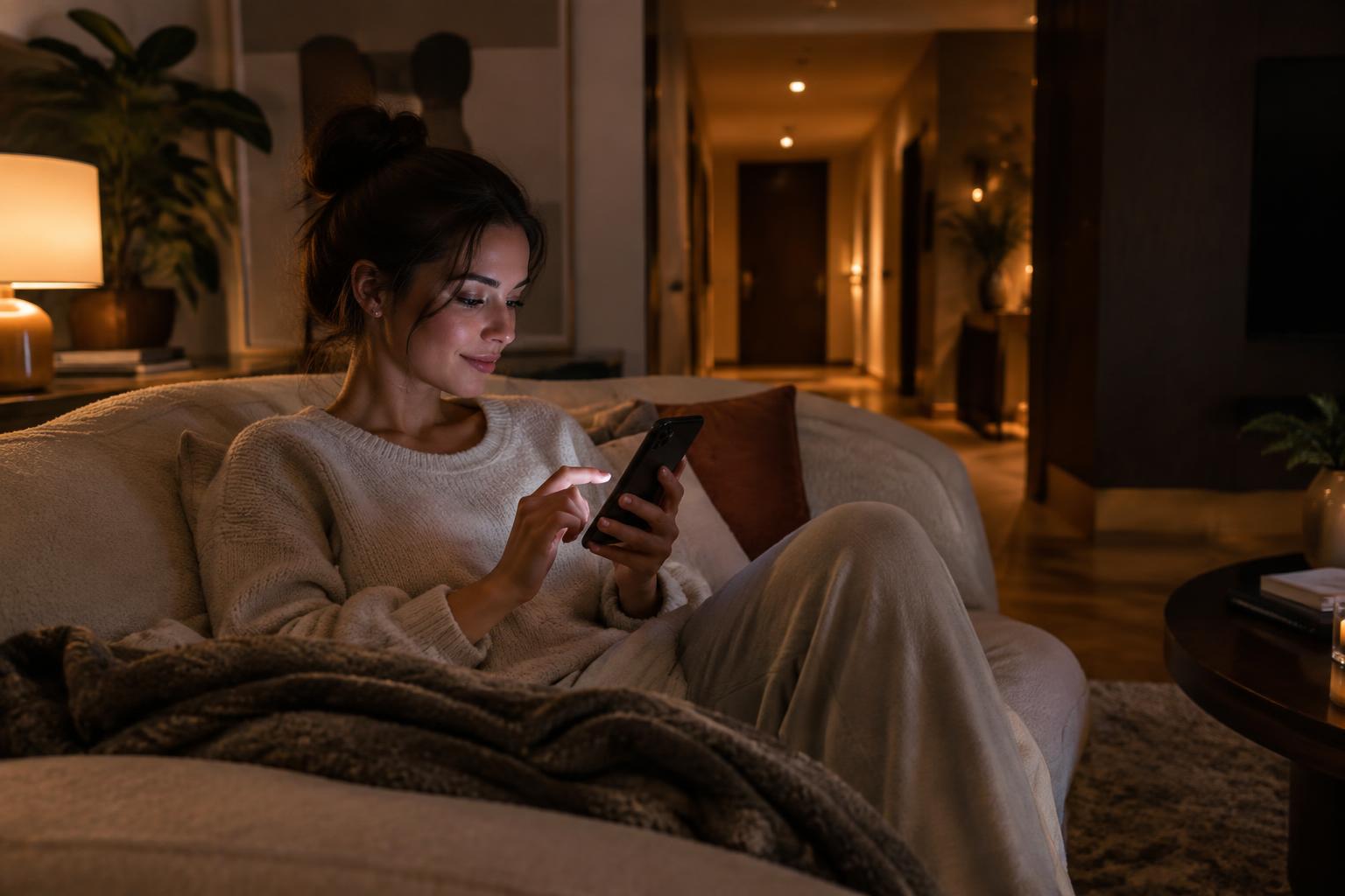 iluminación inteligente en una sala con luz cálida regulable – Toda la casa, un gesto